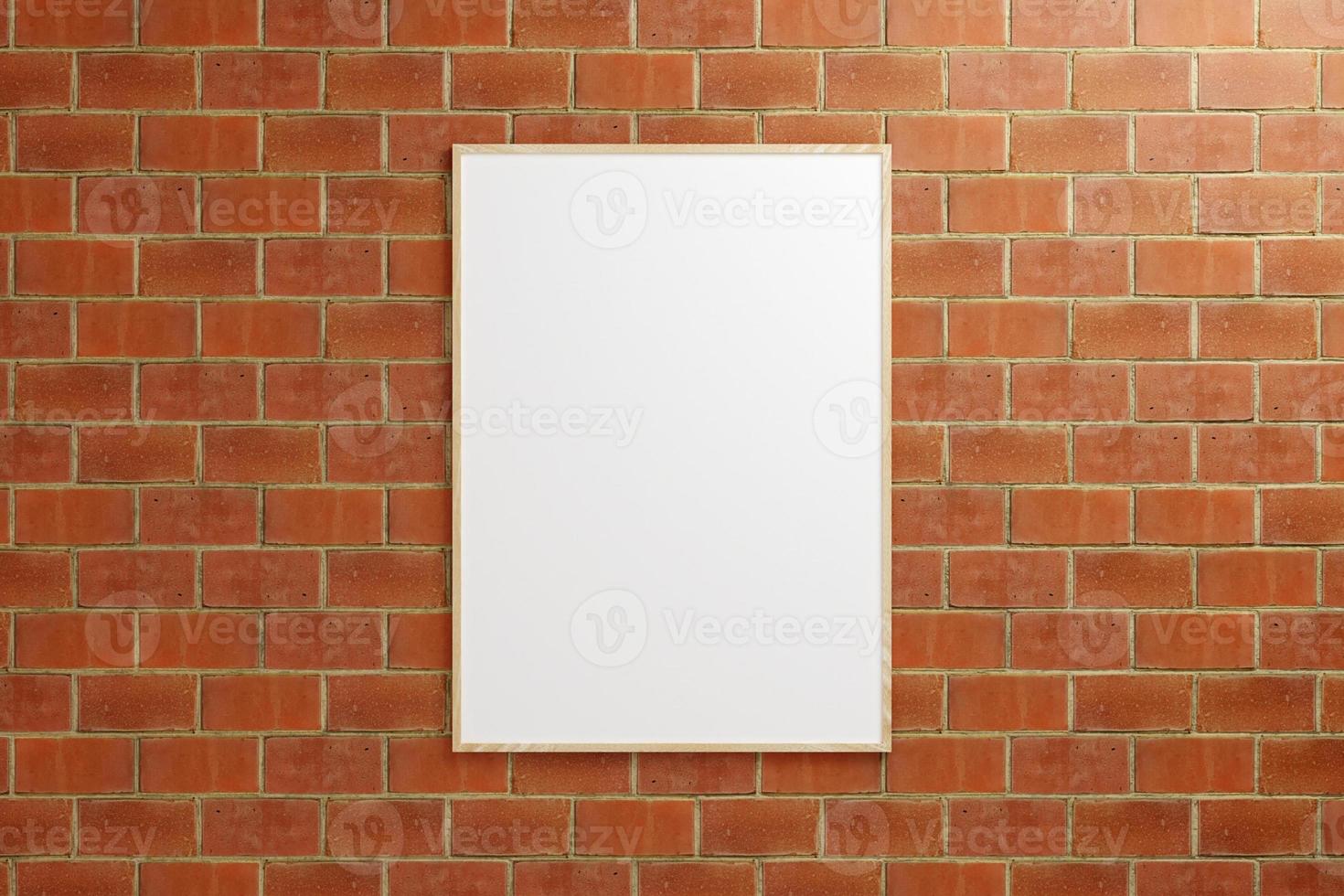 Minimalist hanging vertical wooden poster or photo frame mockup in brick wall. 3D Rendering.