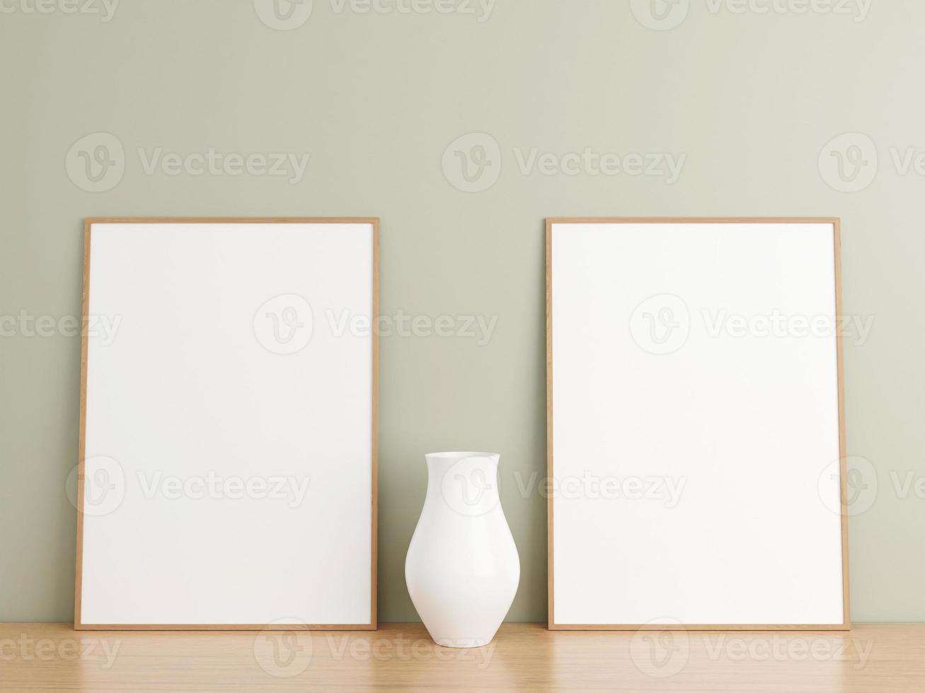 cartel de madera vertical minimalista o maqueta de marco de fotos en el suelo de madera apoyado contra la pared. representación 3d
