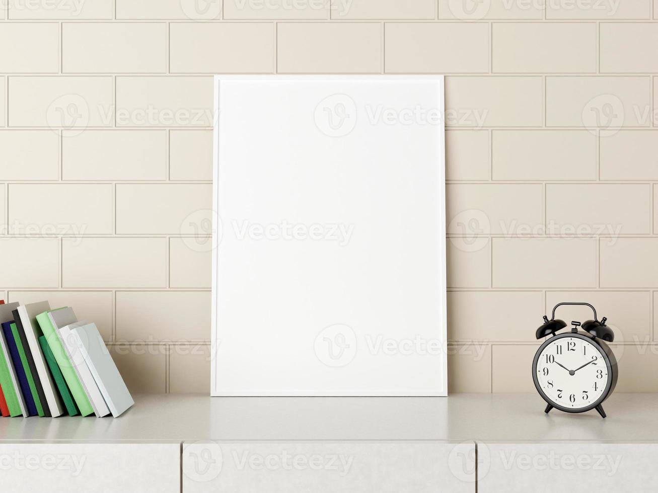 Minimalist vertical white poster or photo frame mockup on the desk with books and alarm in room. 3D Rendering.