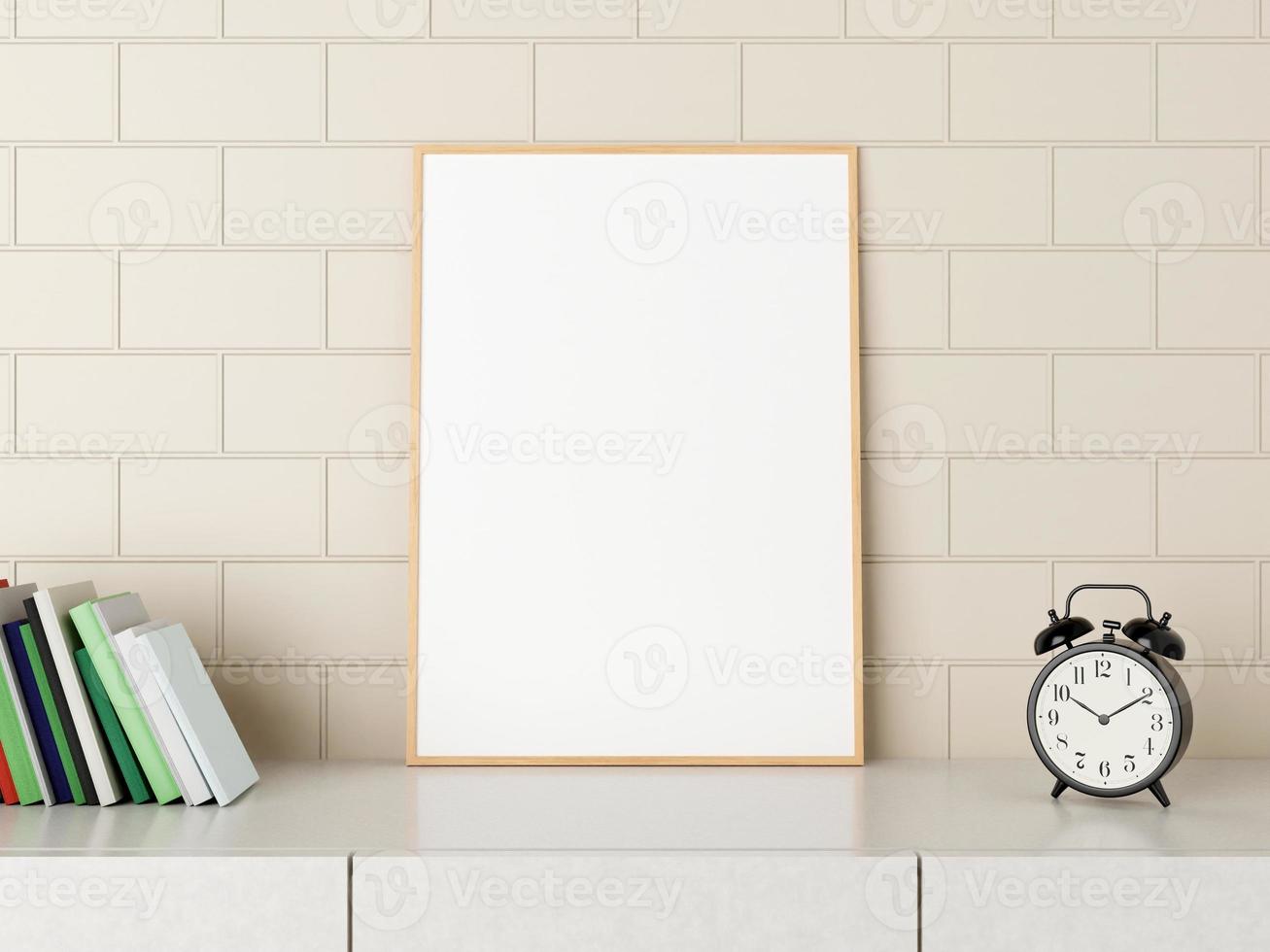 Minimalist vertical wood poster or photo frame mockup on the desk with books and alarm in room. 3D Rendering.