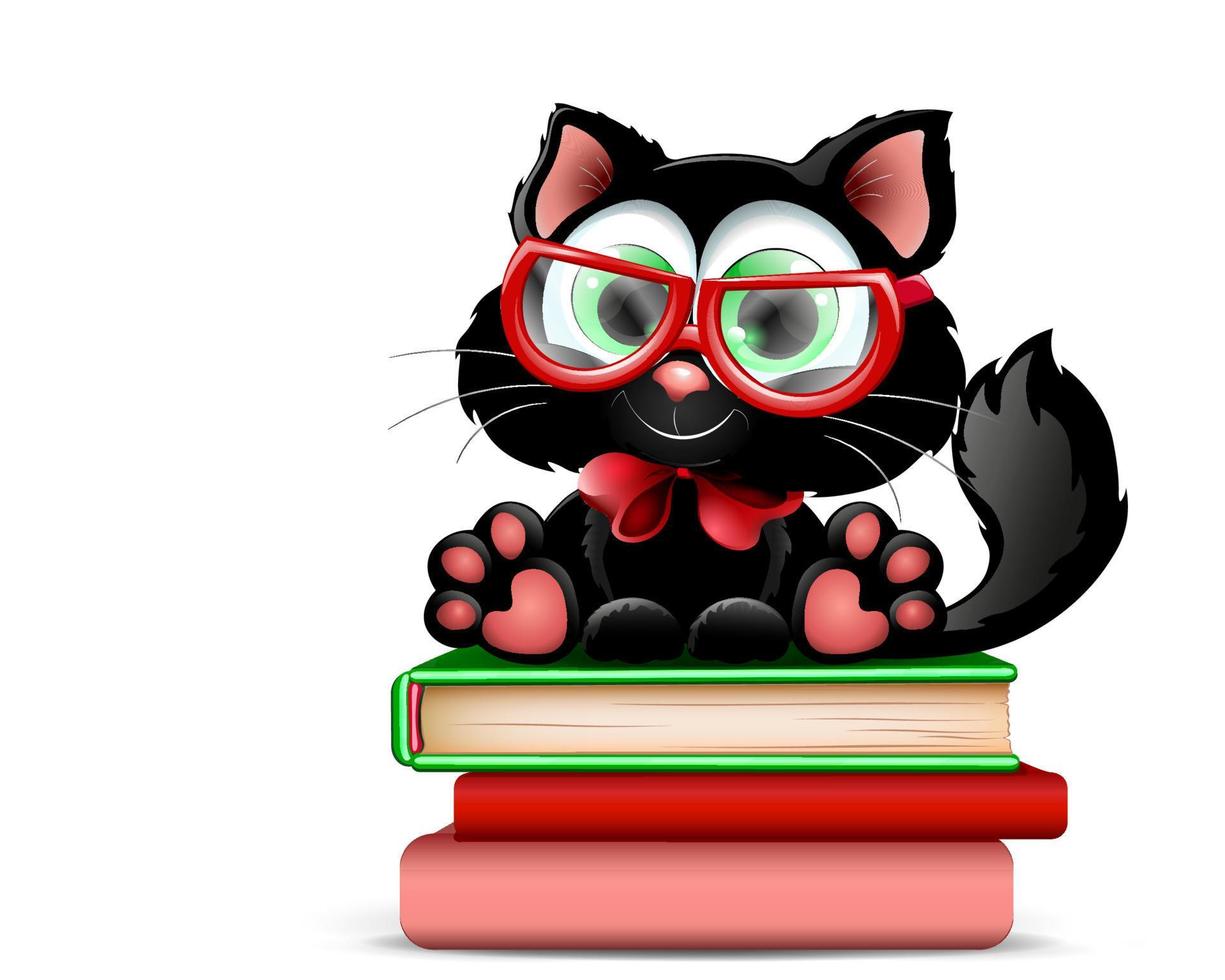 lindo gato negro de dibujos animados nerd sentado los libros en vasos con lazo rojo vector