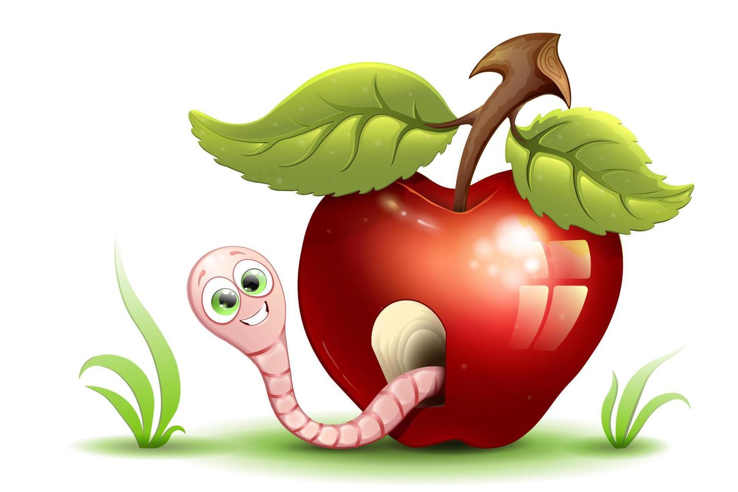 Cute funny cartoon Worm in red apple home with green leaves roof. vector