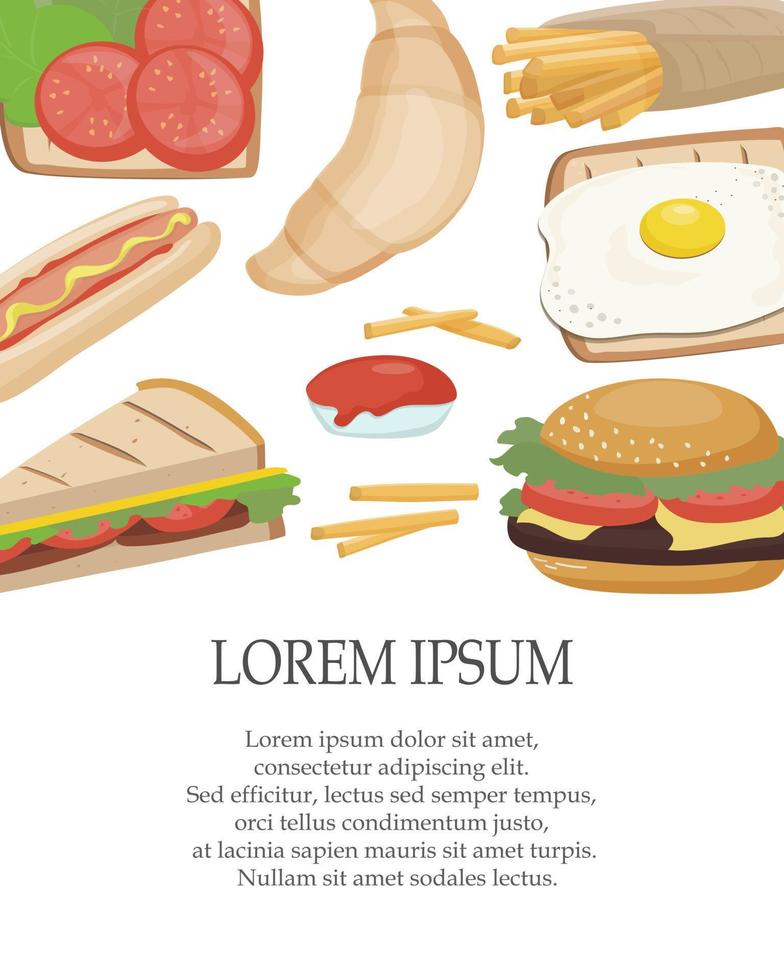 Fast food takeaway. Vector realistic elements of hamburger, hot dog, sandwich, fries, toast and egg. Menu or invitation template background