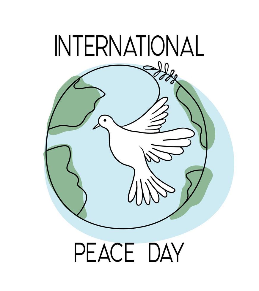 Flying pigeon with a branch . Dove of peace on the background of planet Earth. Hand drawn line sketch. Bird symbol of hope, emblem against violence and military conflicts vector