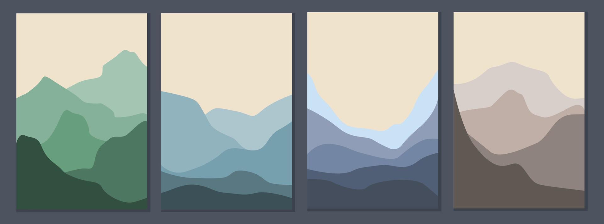 A set of minimalistic monochrome landscapes. Abstract mountains for a stylish background. Poster in trendy colors. vector