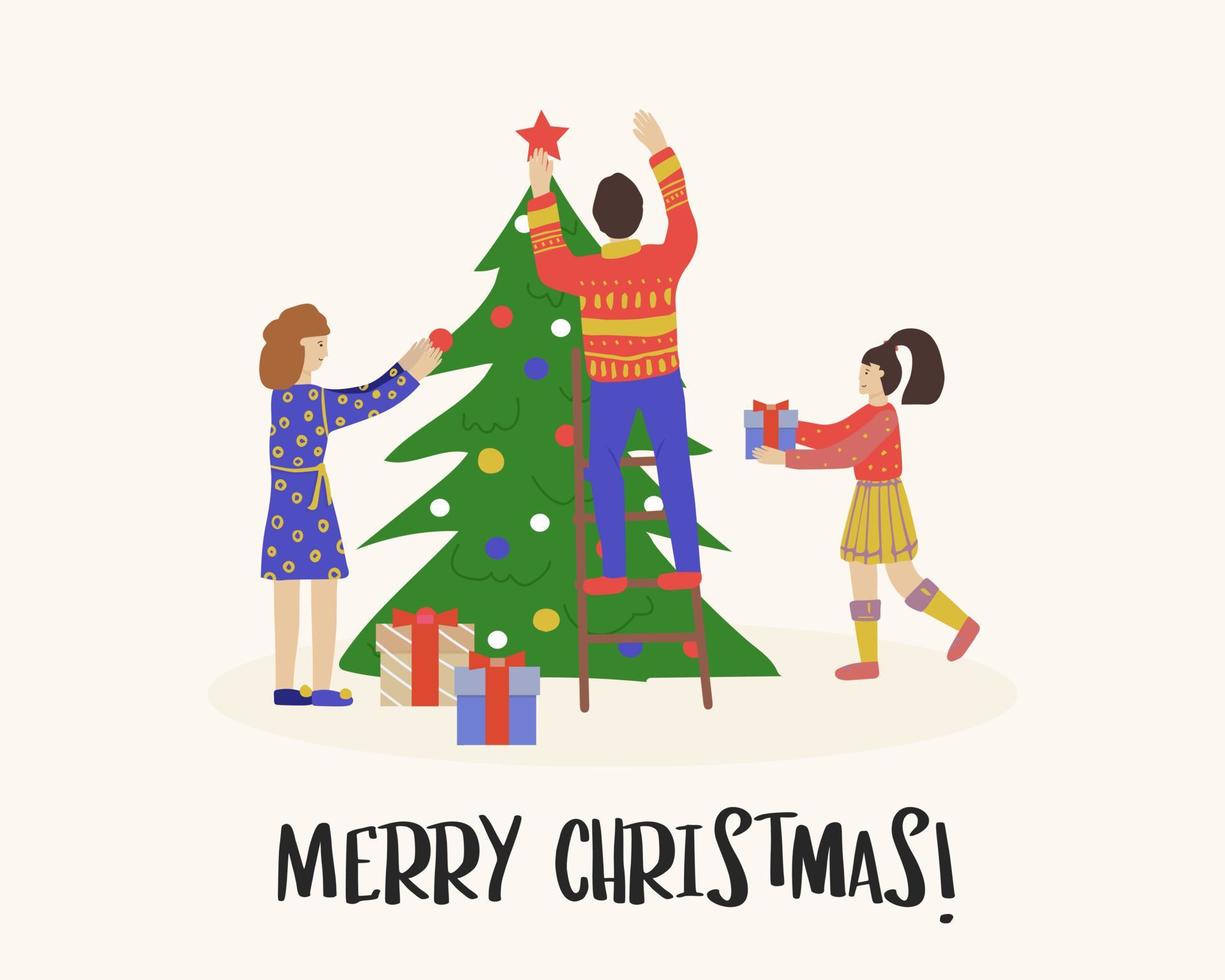 tarjeta de felicitación de feliz navidad. familia feliz preparándose para las vacaciones, decorando el árbol de navidad. vector