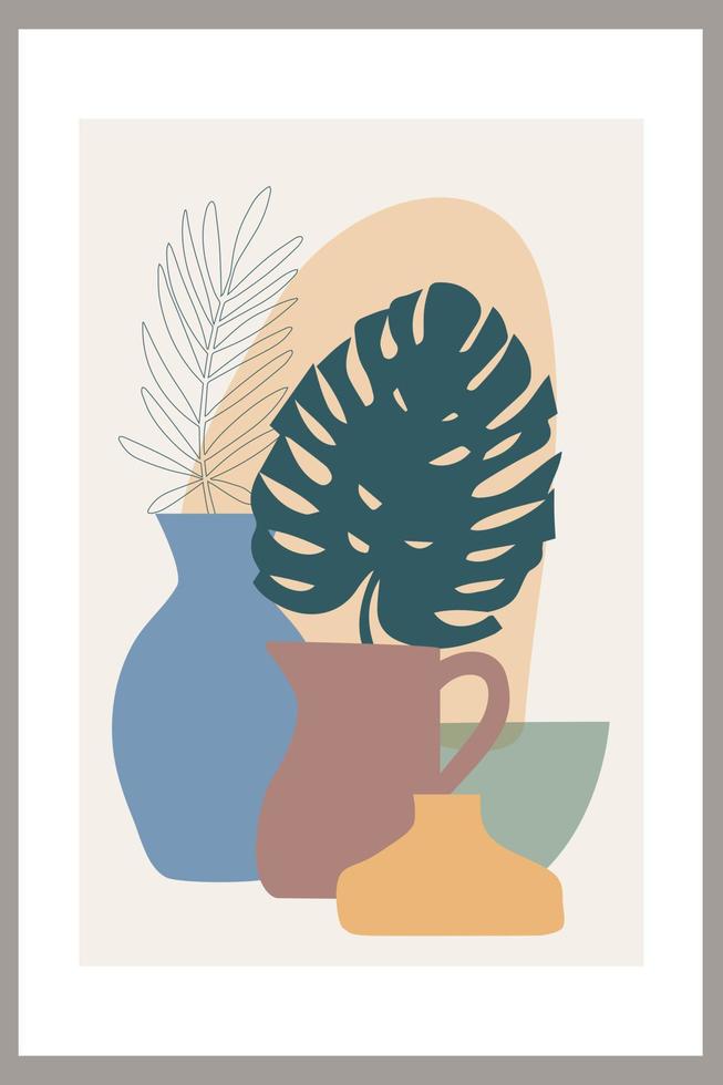 plantilla con composición abstracta de formas simples. hojas de palmeras tropicales en un jarrón. estilo collage, minimalismo vector
