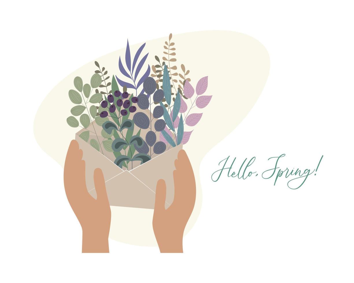 Envelope in hand. Inside a letter and botanicals of herbs and wildflowers. Romantic gift for a woman on any holiday. A symbol with a message about the beginning of spring vector