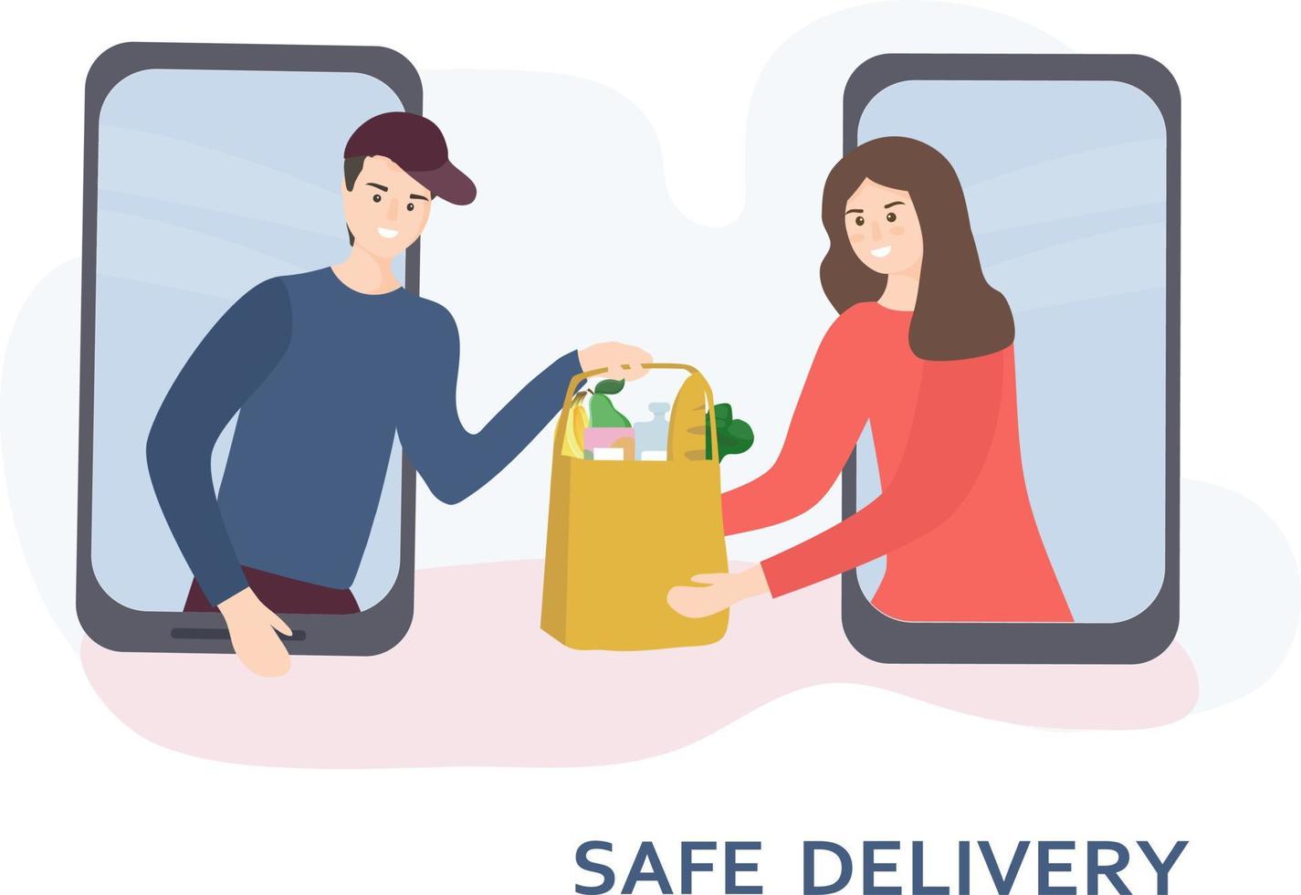 The concept of safe home delivery. The courier holds the package with the goods, hands the customer a fast food. Online store of goods, ordering over the Internet and delivery to the door of the home vector