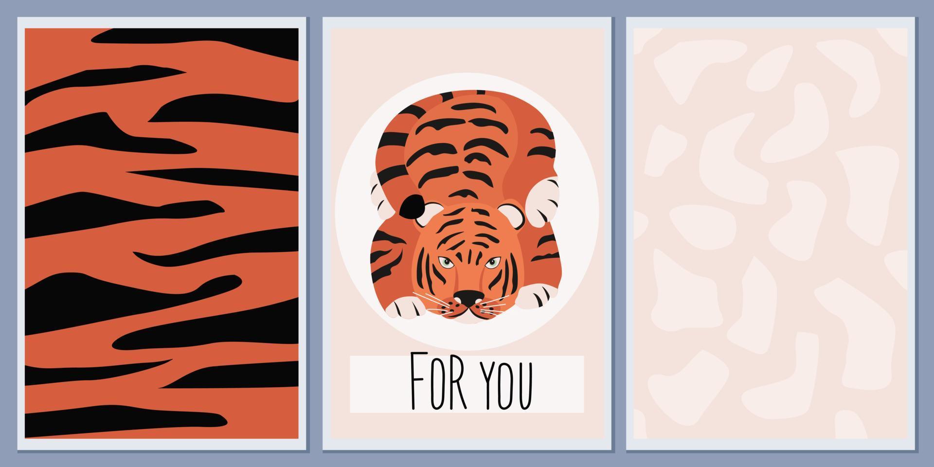 conjunto de plantillas de postales e invitaciones con un lindo tigre. estampados étnicos africanos de fondo con manchas y líneas onduladas. vector
