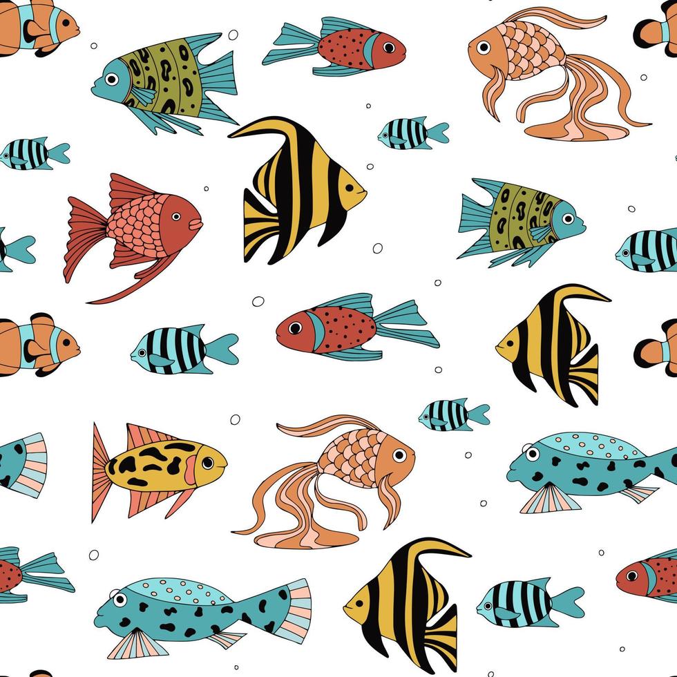 Seamless pattern with various abstract fish. Underwater sea world. vector