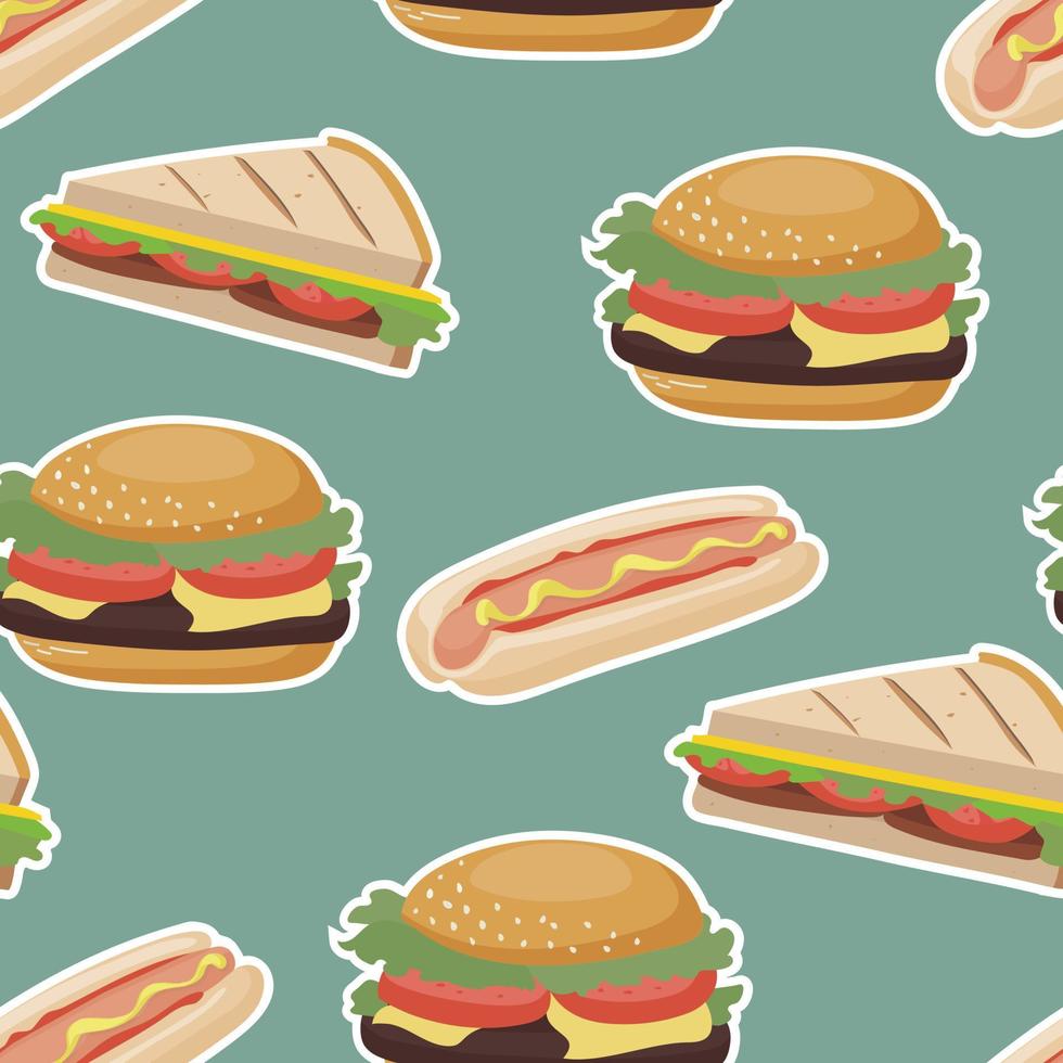 patrón sin costuras con comida rápida. con hamburguesas, sándwiches y perritos calientes. fondo de vector con elementos deliciosos de dibujos animados