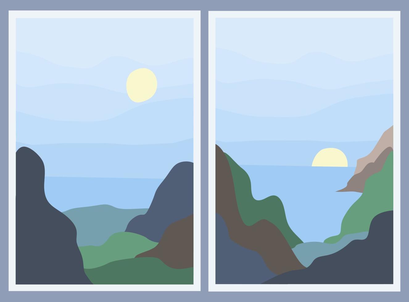 conjunto de dos paisajes minimalistas. montañas y mar abstractos. fondo elegante. atardecer y amanecer. vector