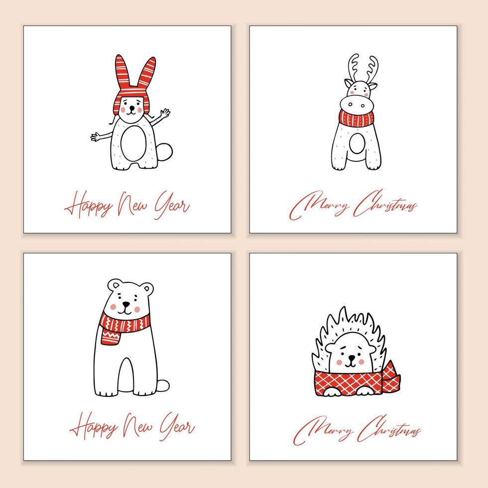 conjunto de tarjetas de felicitación navideñas con animales estilizados vector