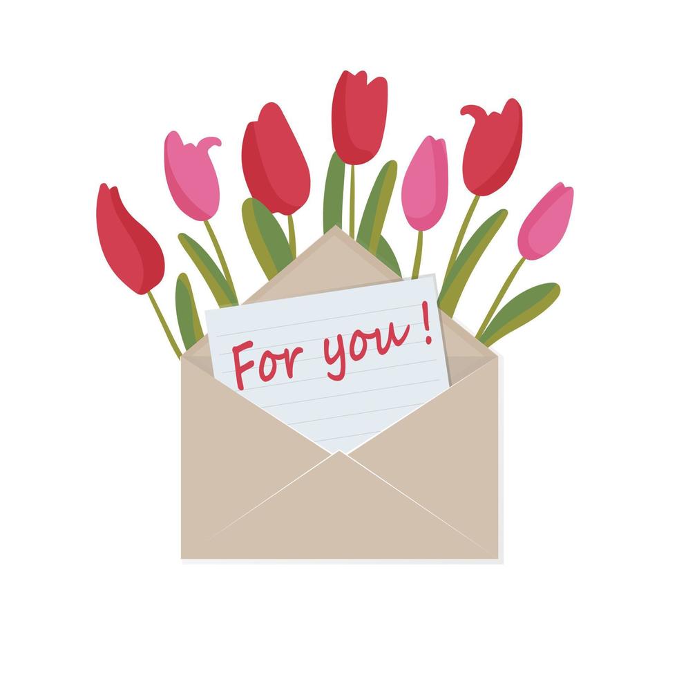 ramo de tulipanes de primavera. dentro del sobre una carta con una inscripción para ti. regalo romántico para una mujer para cualquier fiesta. ramo de flores silvestres. vector