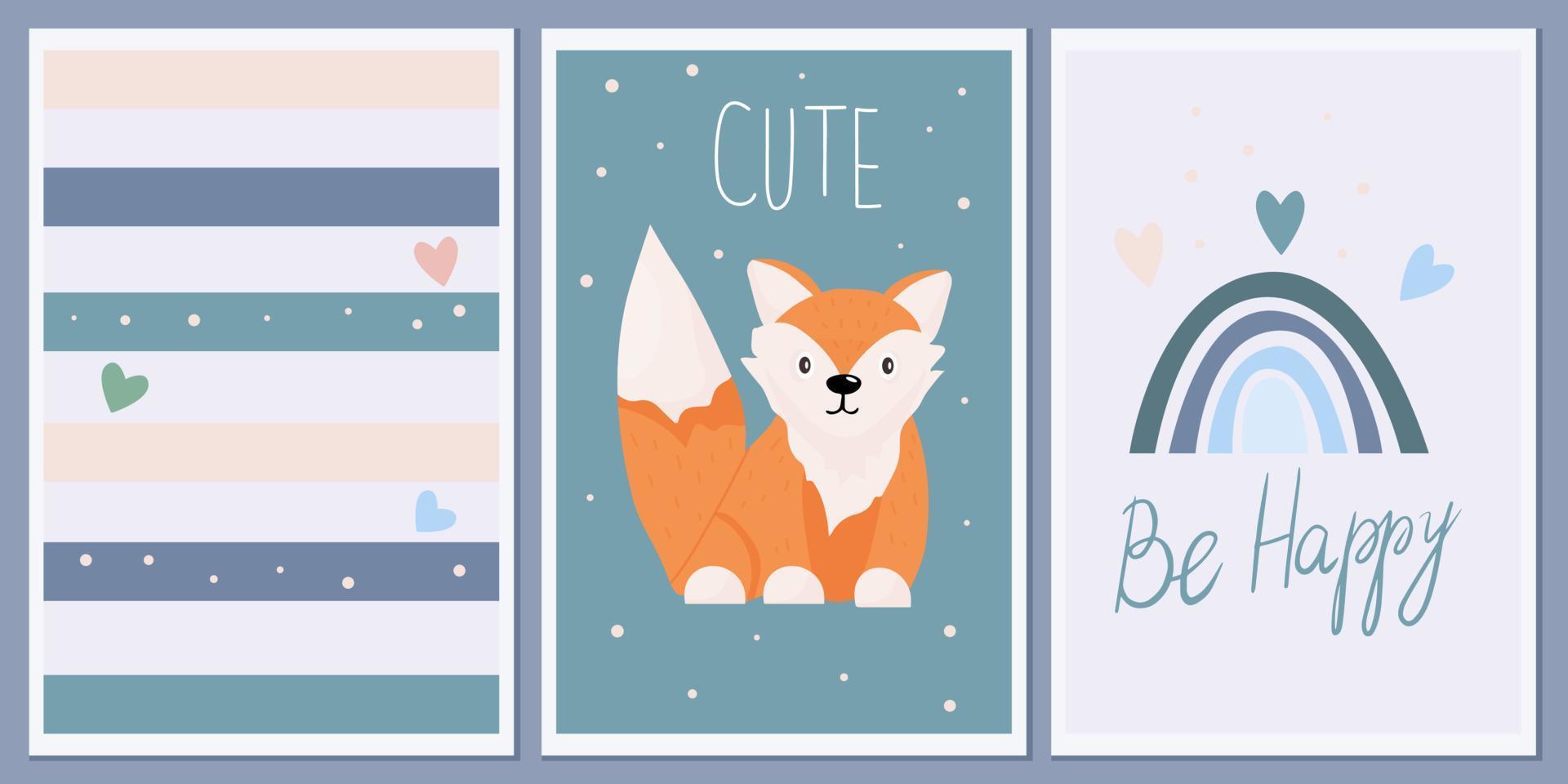 Set of templates for greeting cards and party invitations with animals. Cute fox. Background child prints. Design vector abstract wall posters with welcome messages