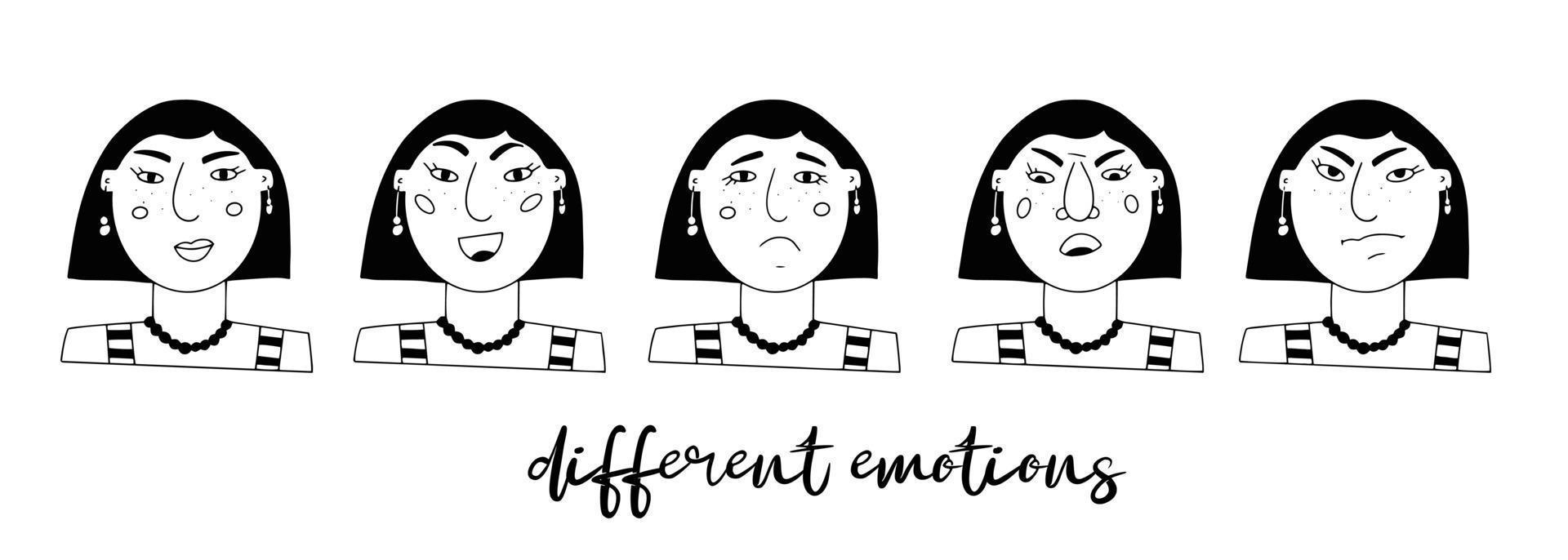 conjunto vectorial de retratos femeninos. personaje minimalista divertido de dibujos animados con diferentes emociones y estados de ánimo. miedo, tristeza, alegría, sorpresa. avatar para redes sociales vector