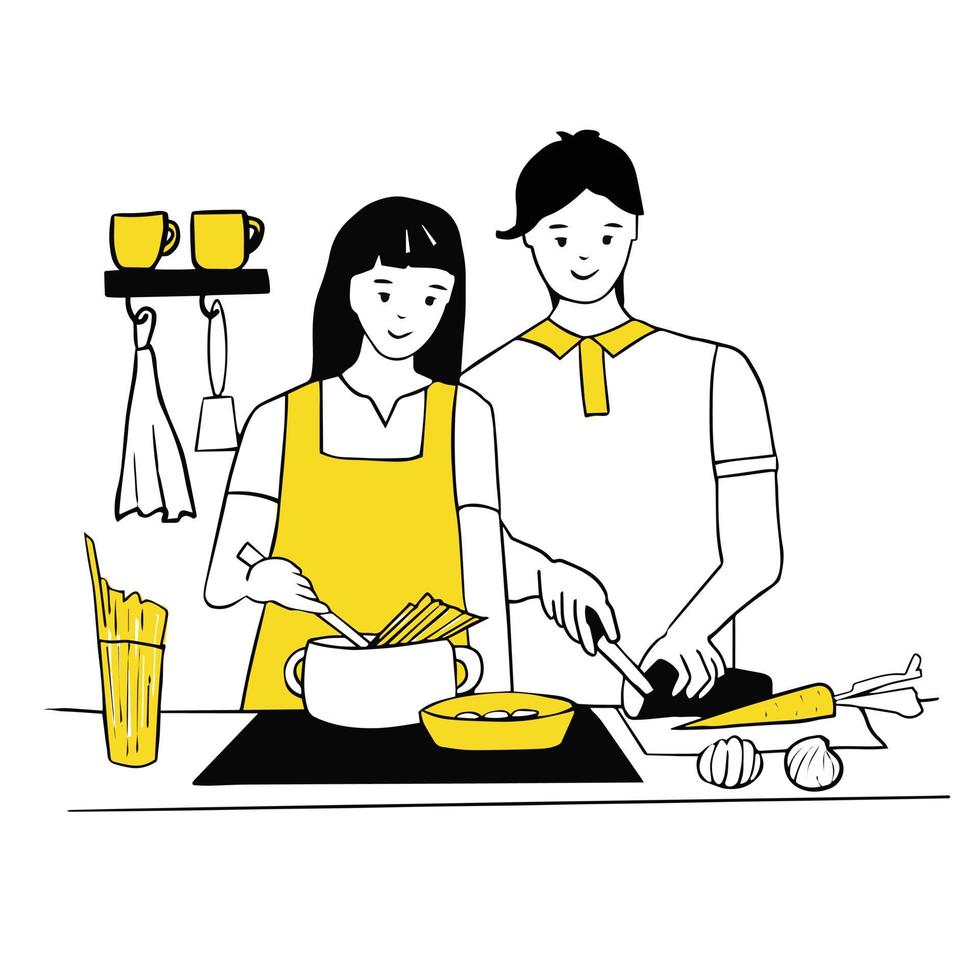 pareja joven cocinando juntos en la cocina. la mujer cocina espaguetis para pasta, el hombre corta verduras. el amor y las relaciones, las tareas del hogar juntos. vector