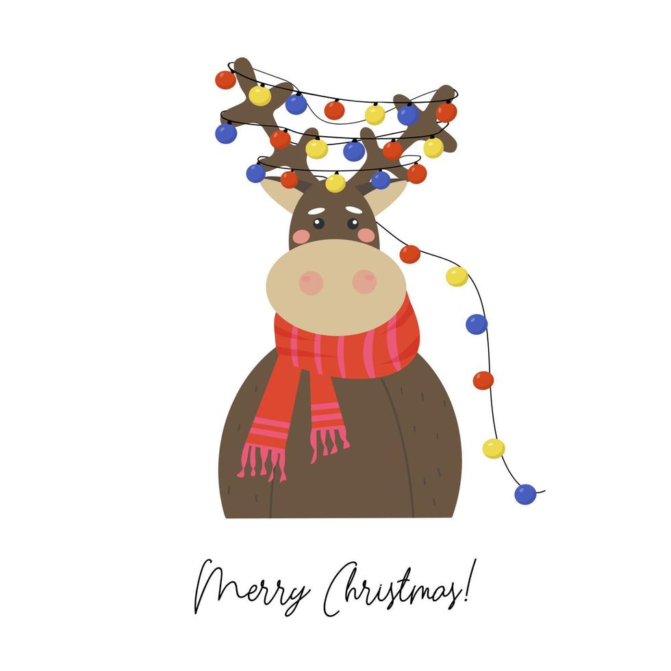 Merry Christmas greeting card. Cute reindeer in a red crocheted scarf. On the horns is a garland of multicolored lights vector