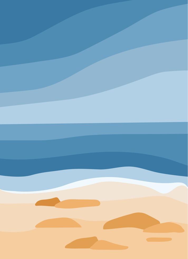 Blue sea and sandy beach. Ocean waves, rocks on the shore. Abstract stylish background with tropical coastline vector