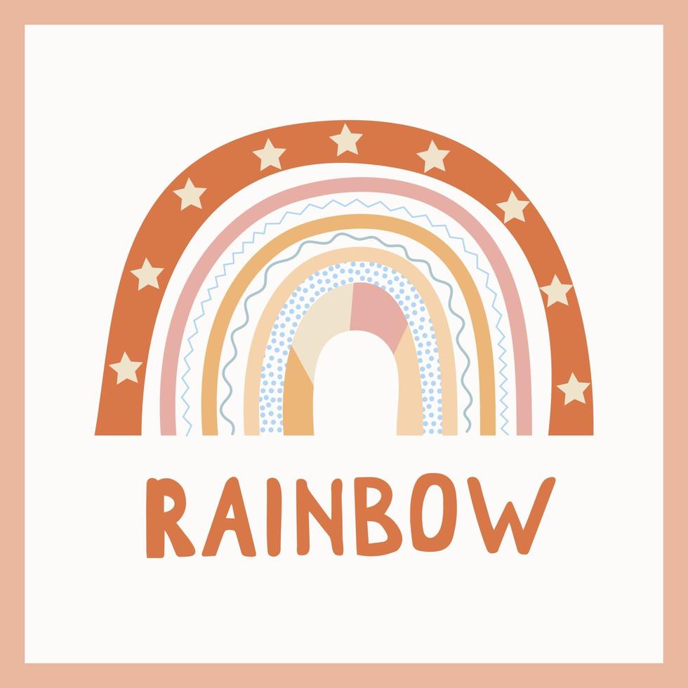 A boho style rainbow with decorative elements. Hand drawn lettering. Minimalist abstract Scandinavian design in pastel colors vector