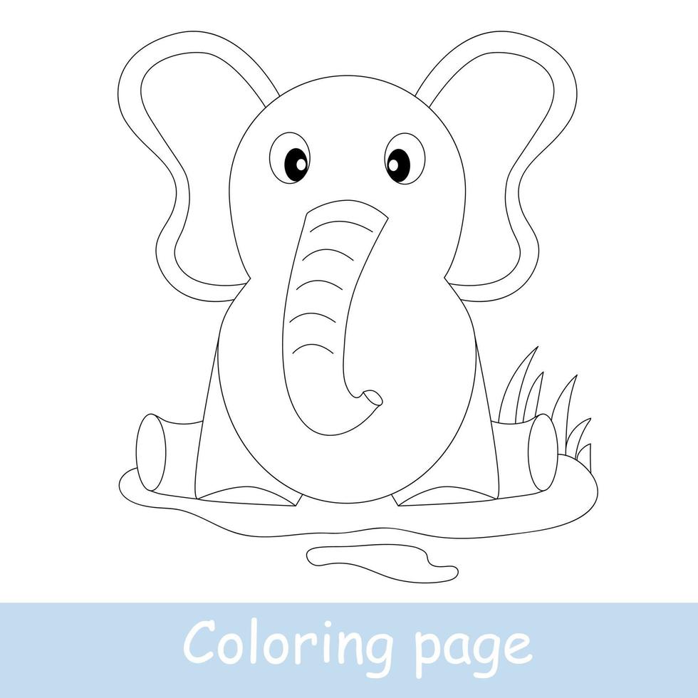 Cute cartoon elephant coloring page. Learn to draw animals. Vector line art, hand drawing. Coloring book for kids