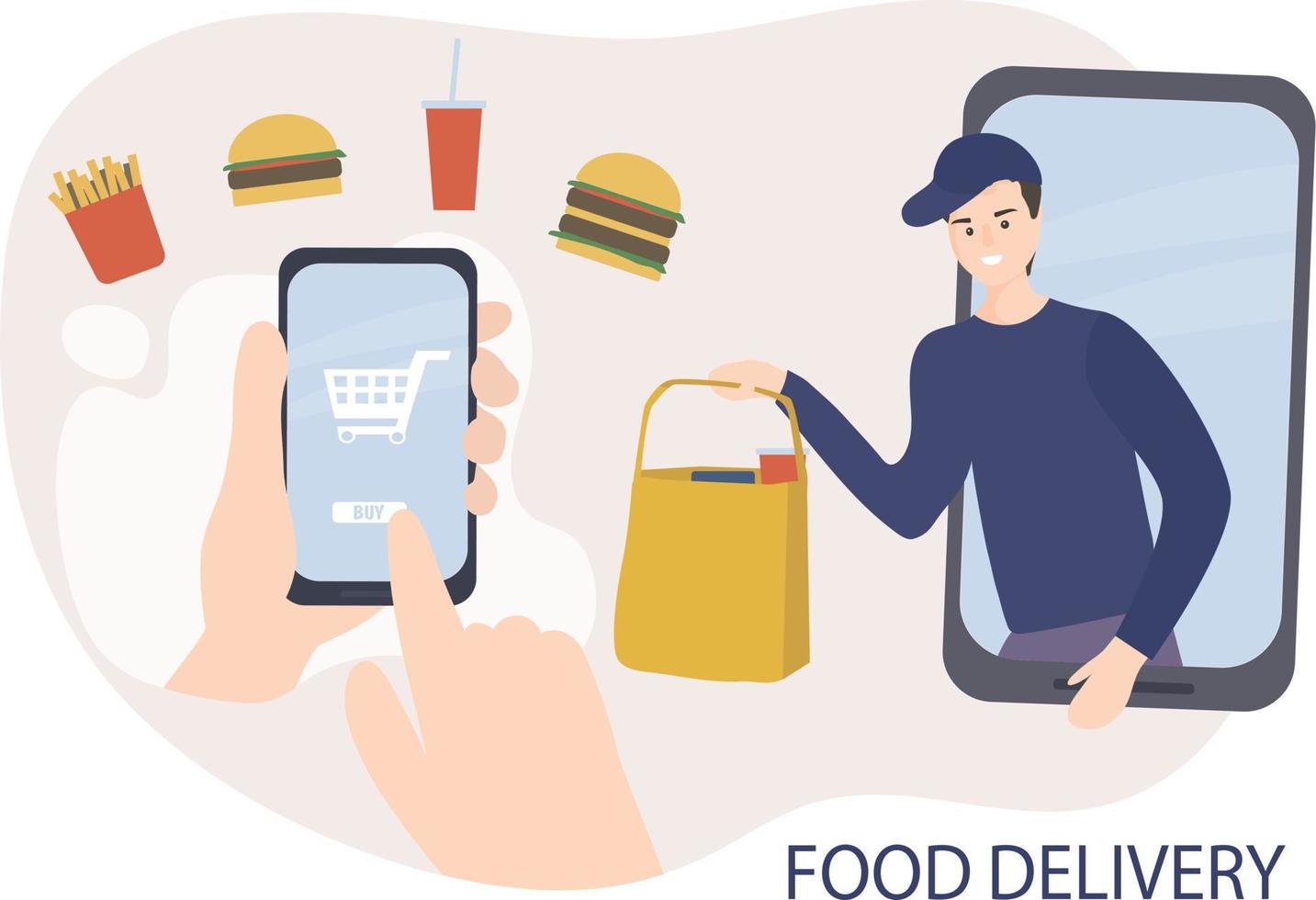 Concept for safe home delivery of products and food from a restaurant. Courier holds package, hands order to customer. Online grocery store, ordering on the Internet. vector