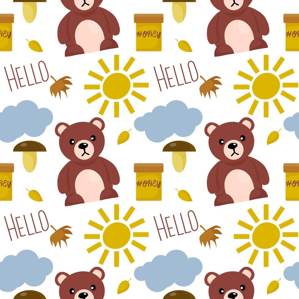 Seamless animal pattern. Cute teddy bear with a barrel of honey. Sun, cloud and botanical elements. Positive inscriptions vector