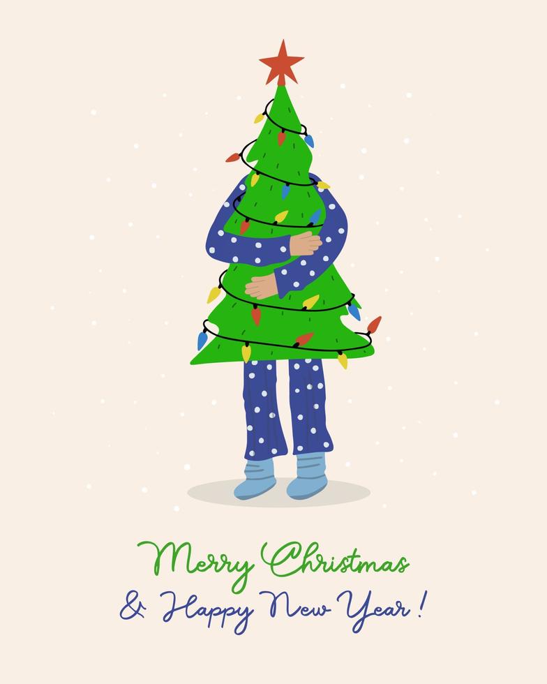 WebMerry Christmas greeting card. Man holding a Christmas tree in his hands. vector