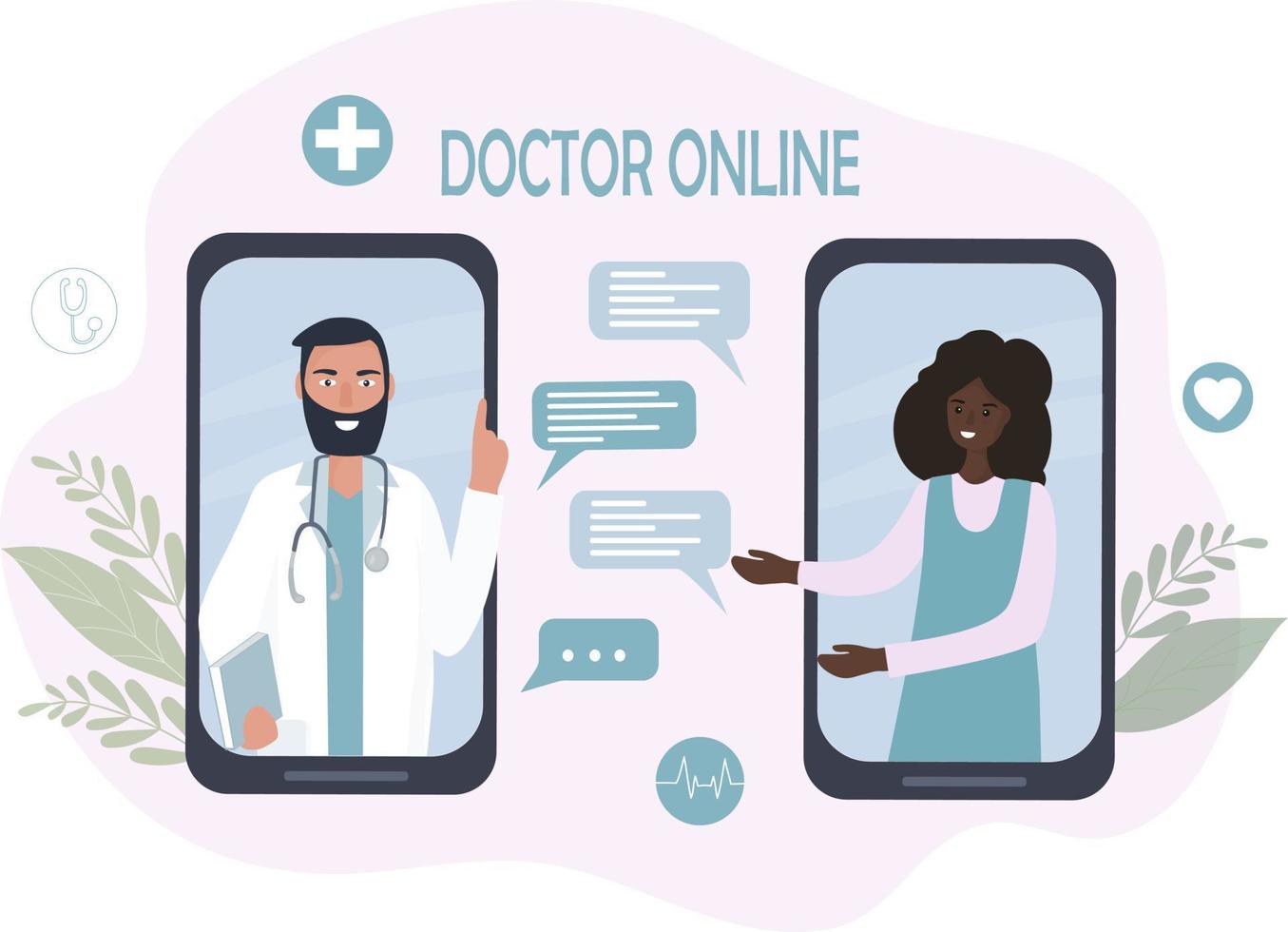 Online medical consultation and care. A person talks to a doctor on a cell phone, using video calls and messenger messages. Telemedicine, remote communication between the patient and the doctor vector