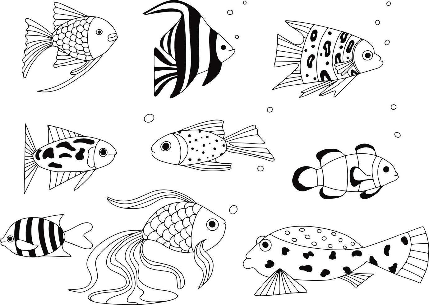 conjunto de exóticos peces de arrecife de coral. animales que nadan bajo el agua. peces tropicales para el acuario. vector de dibujos animados elementos dibujados a mano para el diseño