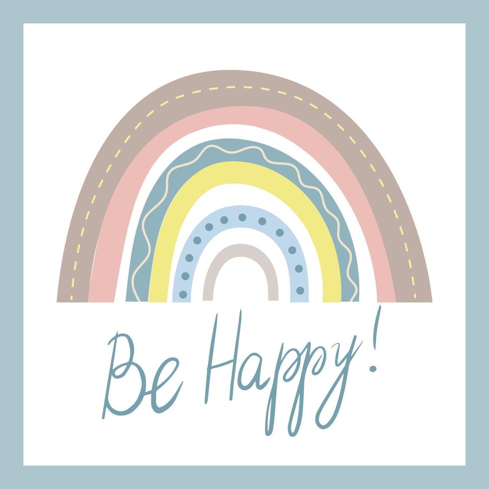 A boho style rainbow with decorative elements. Hand drawn lettering. Minimalist abstract Scandinavian design in pastel colors vector