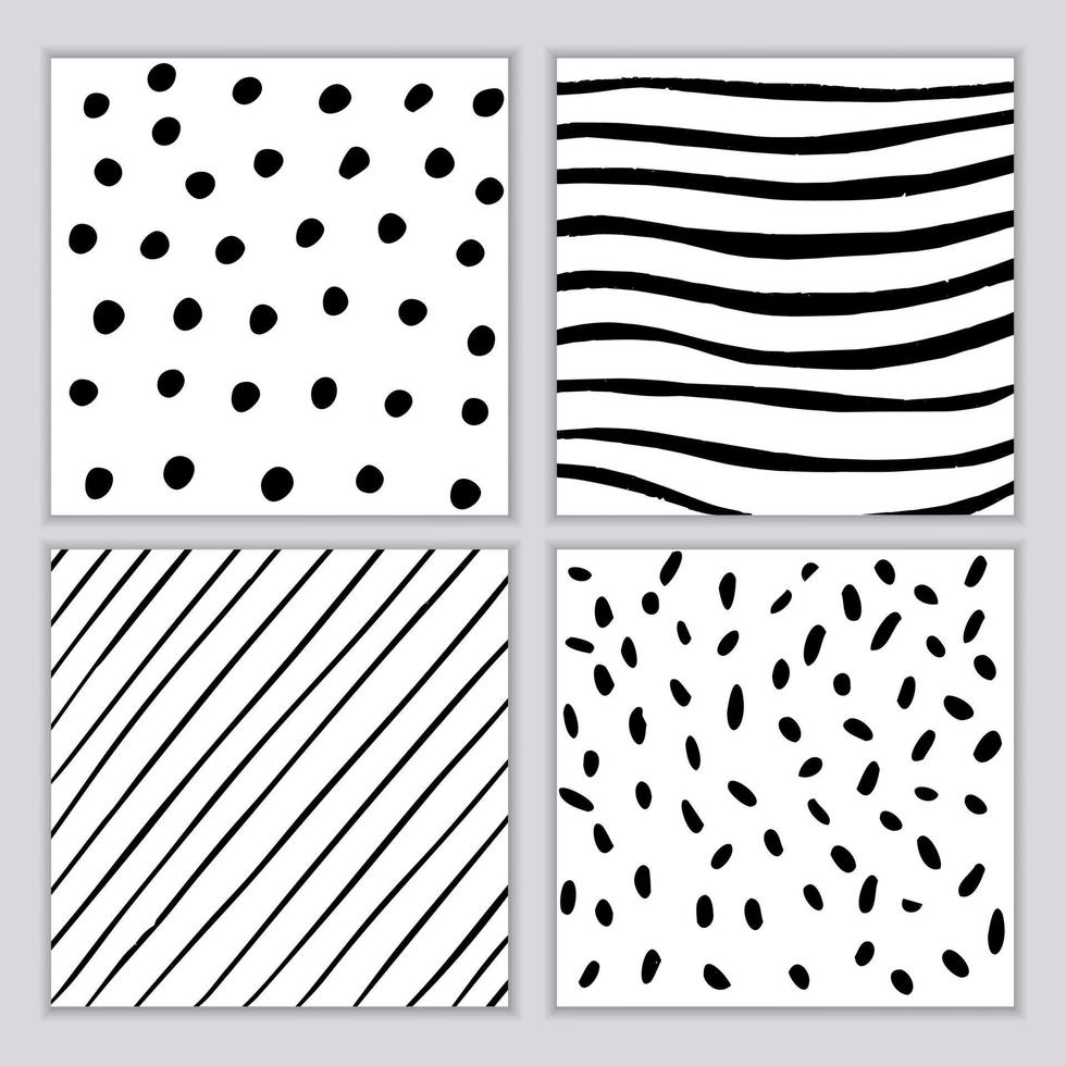 Set of geometric patterns of hand drawn elements. Vector background of stripes, dots, circles in black on white background. Modern minimalist design