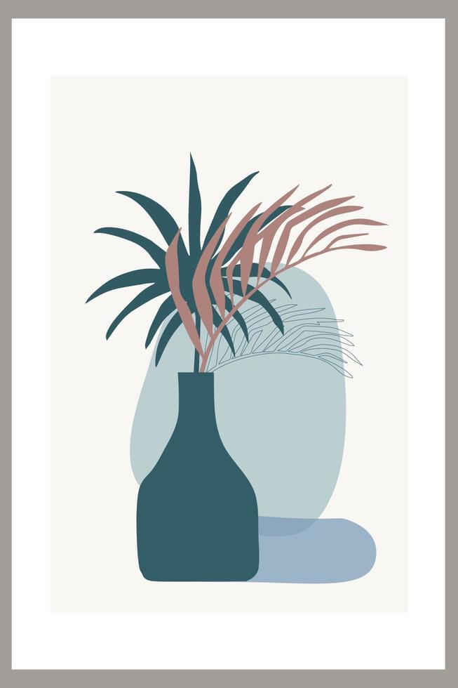 plantilla con composición abstracta de formas simples. hojas de palmeras tropicales en un jarrón. estilo collage, minimalismo vector