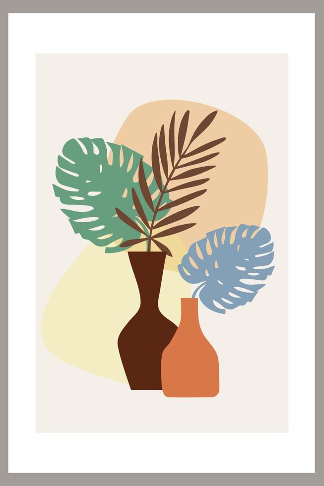 plantilla con composición abstracta de formas simples. hojas de palmeras tropicales en un jarrón. estilo collage, minimalismo vector