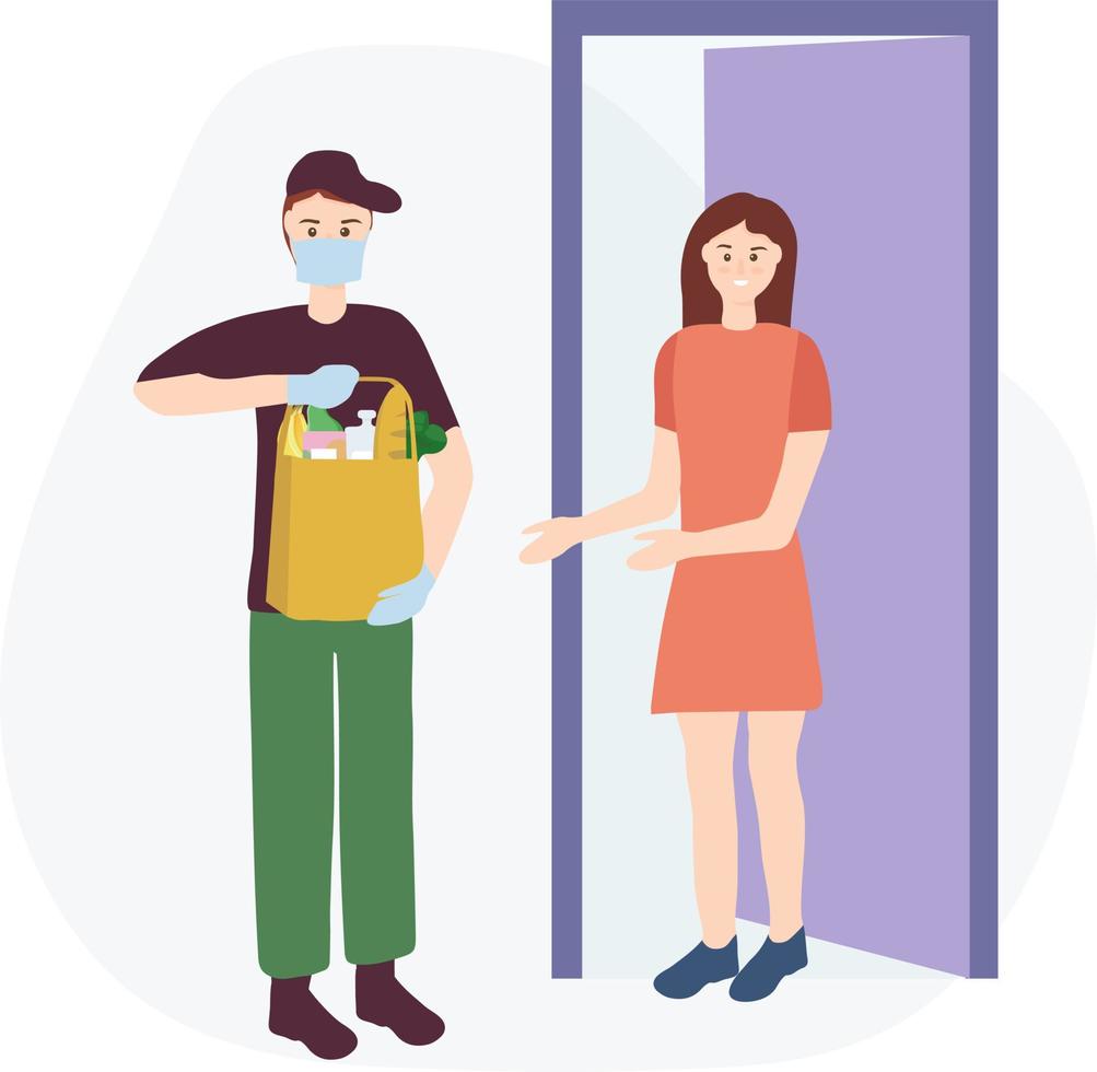 The concept of safe home delivery. Courier holds a bag of food, hands the customer fast food. Man in a mask and glove, protection from viruses. Online grocery store. vector