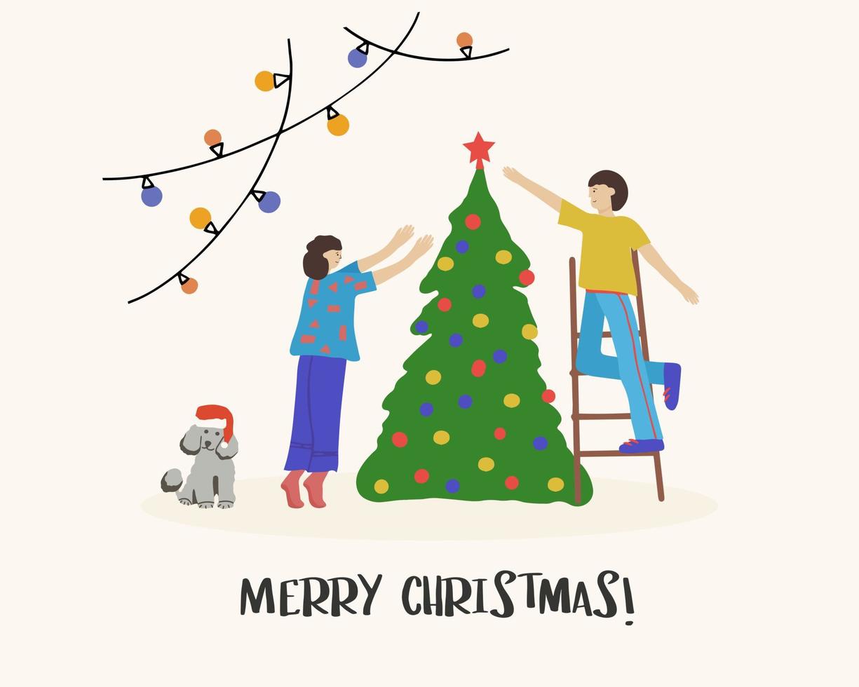 tarjeta de felicitación de feliz navidad. parejas felices, hombres y mujeres jóvenes decorando el árbol de navidad vector