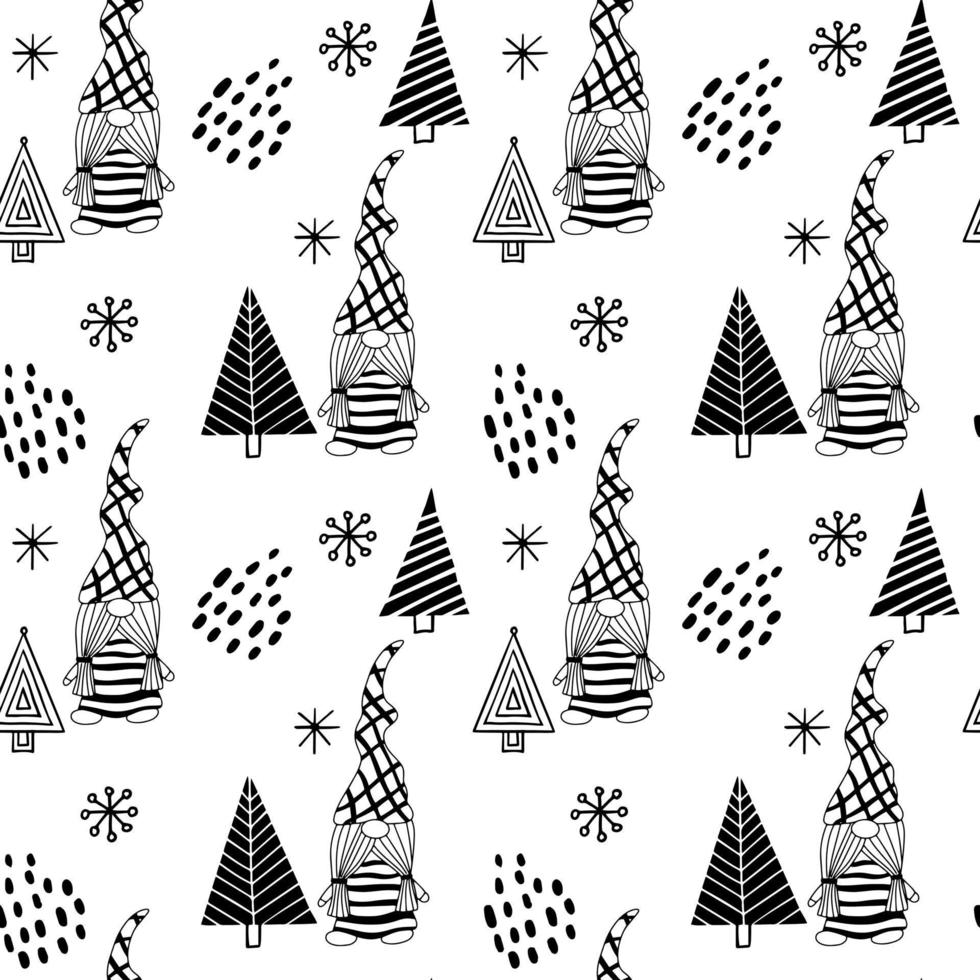 Seamless pattern with a cute hand drawn gnome and a Christmas tree. vector