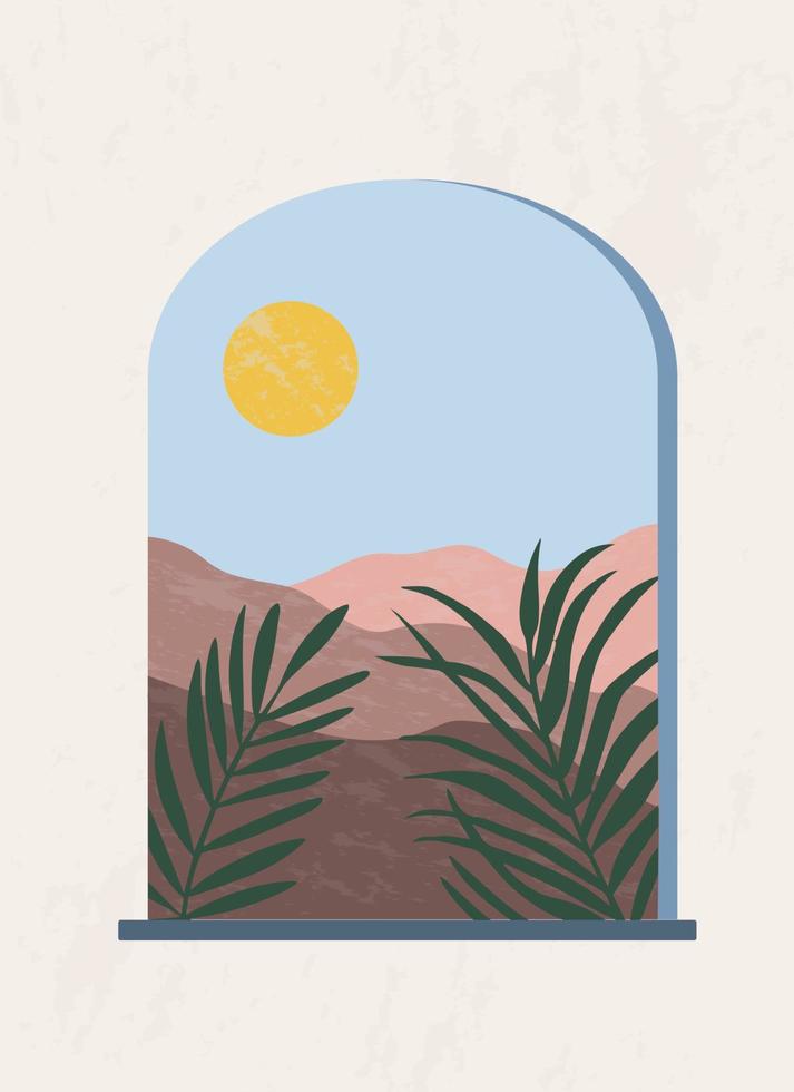 composición abstracta moderna. cartel de estilo boho minimalista. ventana arqueada mística. paisaje de montaña, sol y hojas de palma. vector