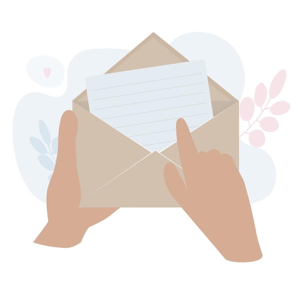 The women's hands are holding a kraft paper envelope. Inside is a blank card, letterpress paper vector