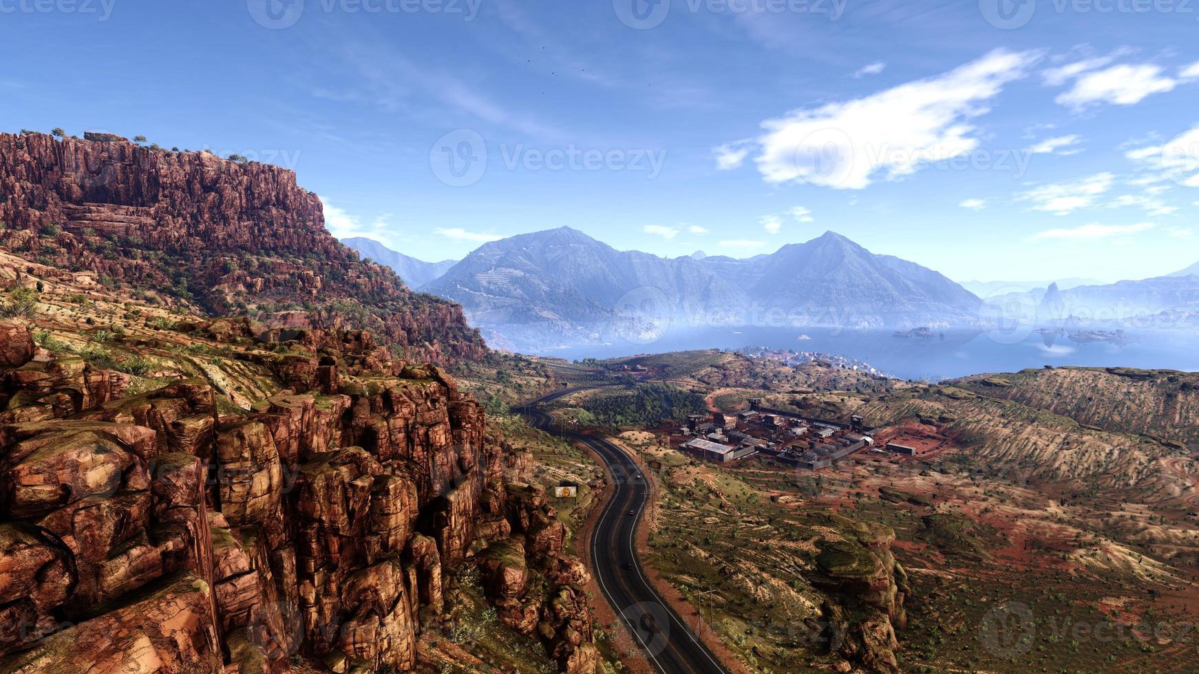 paisaje natural, montañas, bosques, toma aérea, representación 3d realista foto