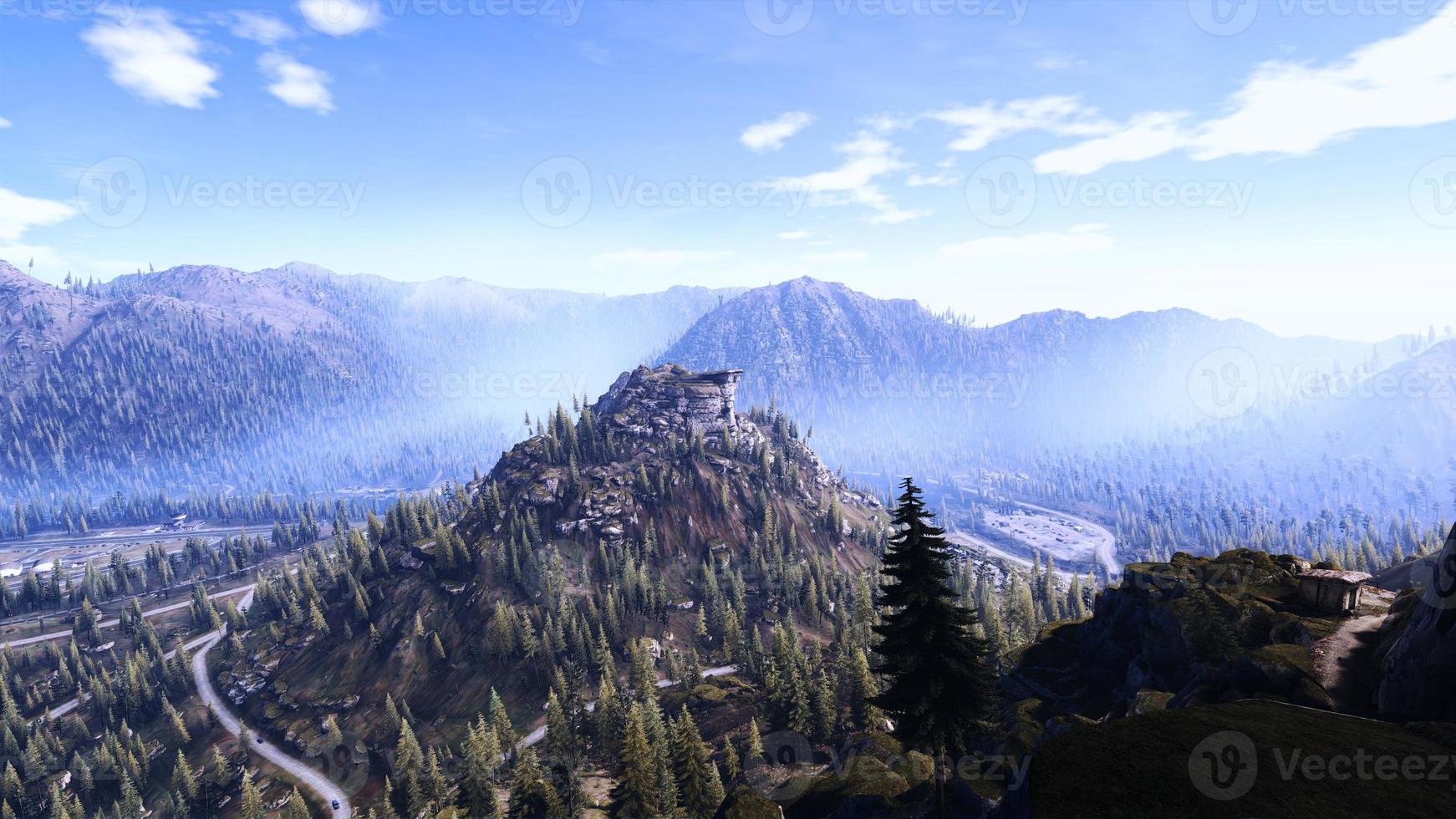 Natural landscape, mountains, forests, aerial shot, realistic 3D rendering photo