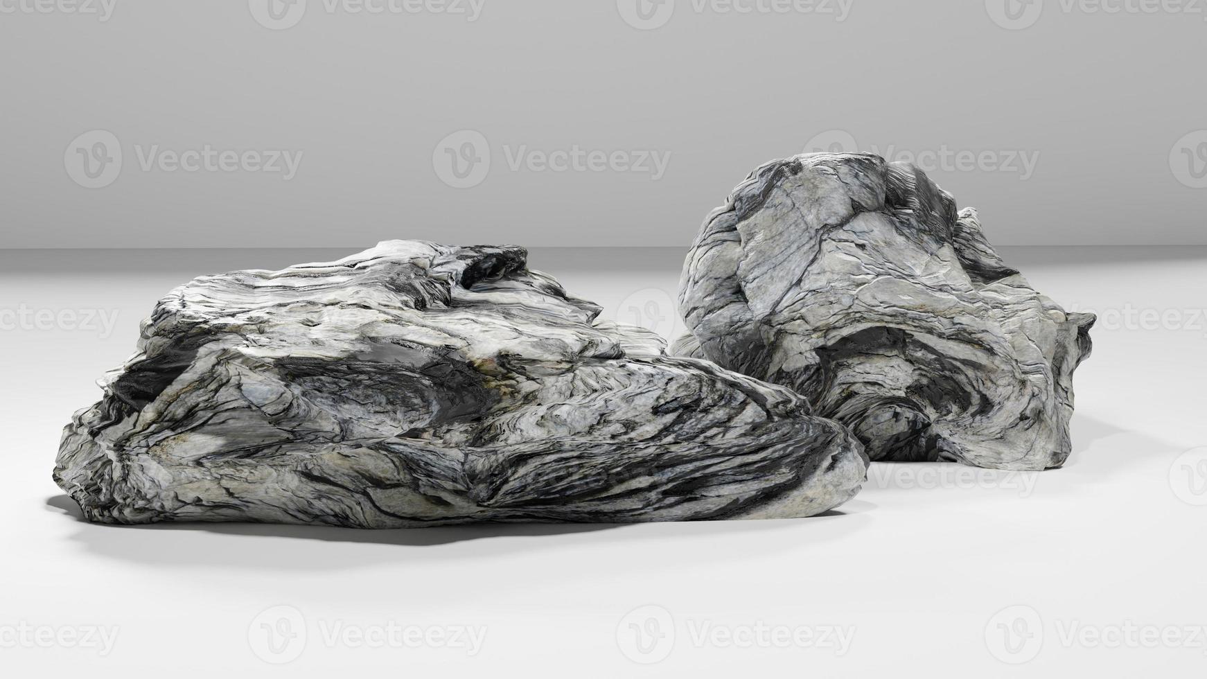 Realistic 3D rendering of rocks and plants, white background. Suitable for use in various applications photo