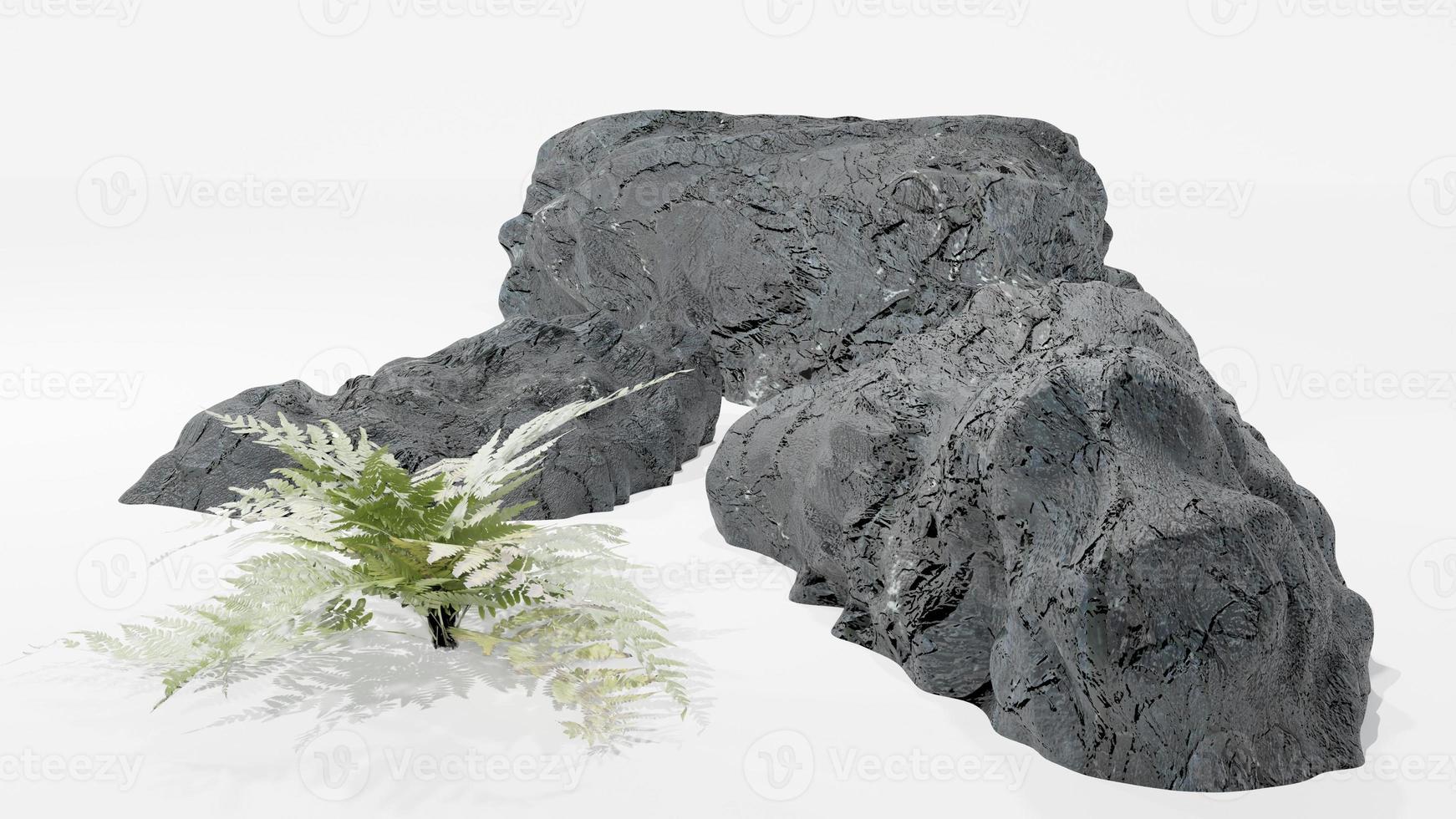 Realistic 3D rendering of rocks and plants, white background. Suitable for use in various applications photo