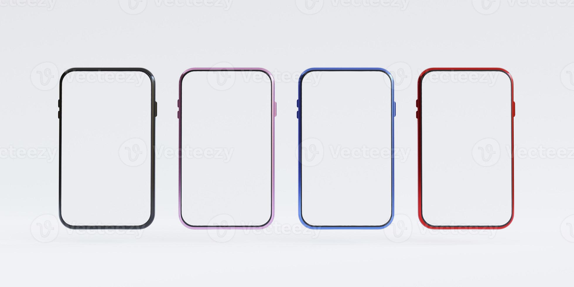 Isolate of variety of colour mobile phone with blank screen template on white background for smartphone mock up by 3d render. photo