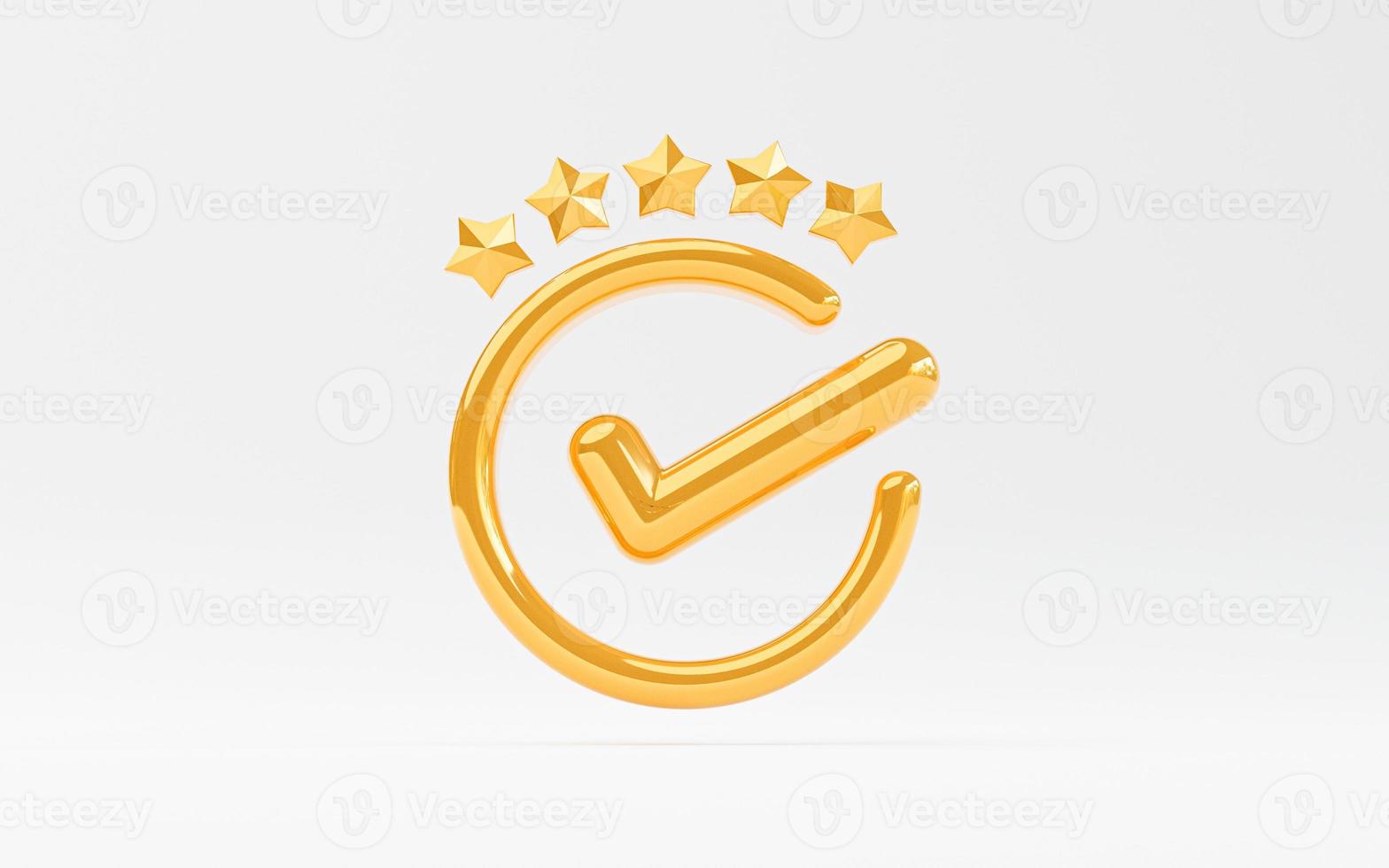 Golden correct tick mark sign of  the best quality assurance with golden five stars for guarantee product and ISO service concept by 3d render. photo