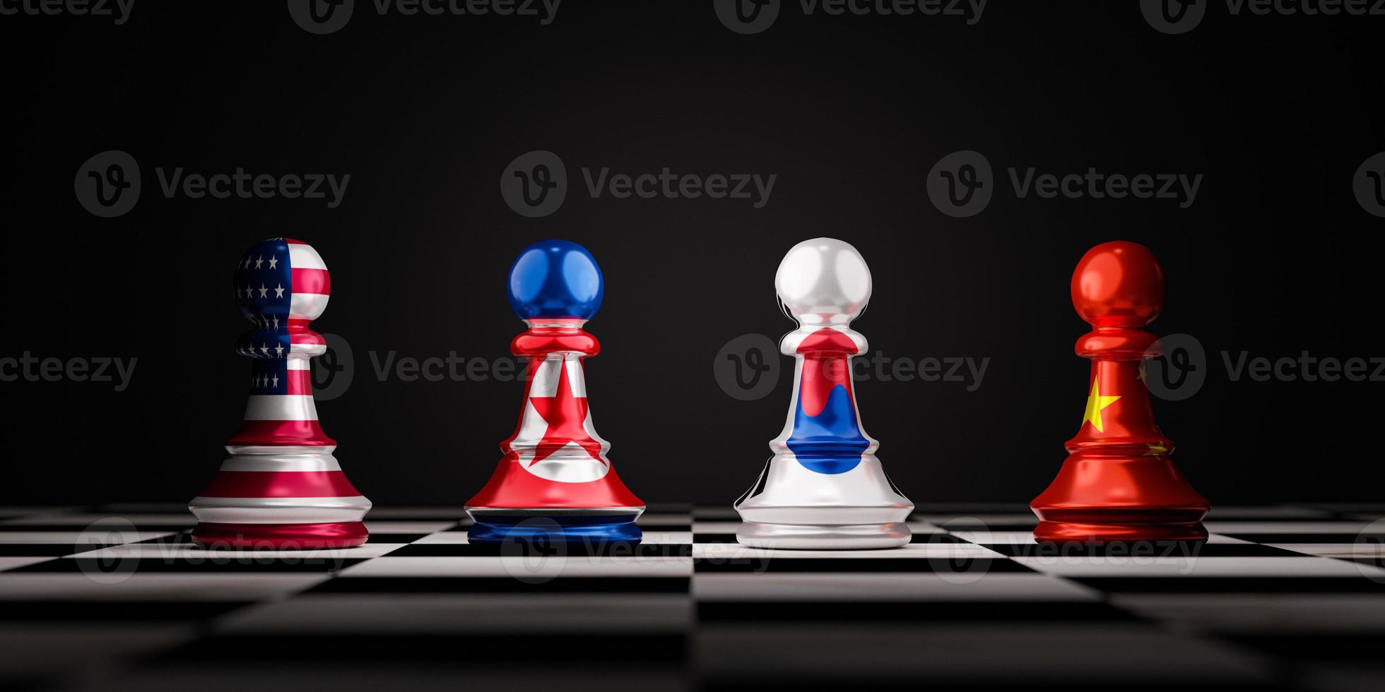 North and South Korea flag print screen on pawn chess on chessboard for tension and nuclear between Korean Peninsula which support by alliance countries include China and USA concept by 3d render. photo