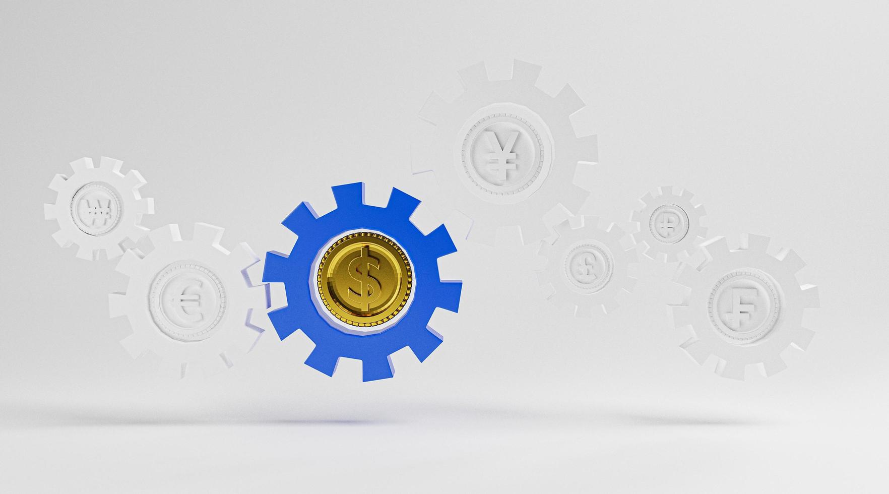 Golden currency sign inside mechanical gear with others currency include Yuan Yen Euro Pound for forex and money transfer concept by 3d render. photo