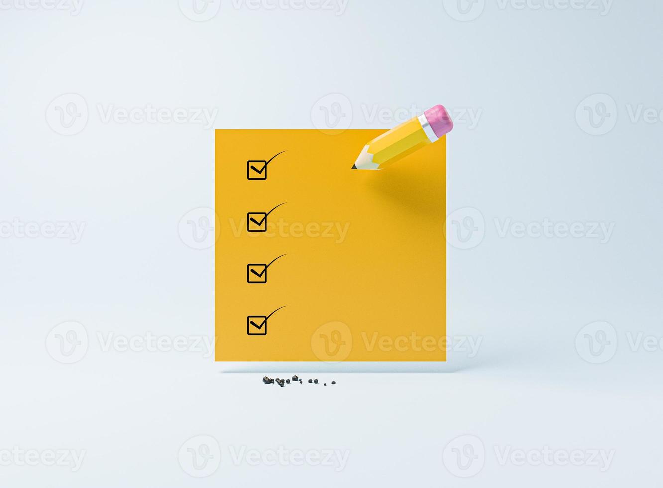 Yellow pencil write correct or tick mark on check box of paper for complete successful do checklist concept by 3d render. photo