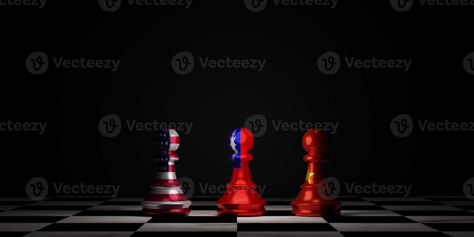 Chinese Taiwan flag on chess between USA and China on chess board for political conflict and war concept by 3d rendering technique. photo